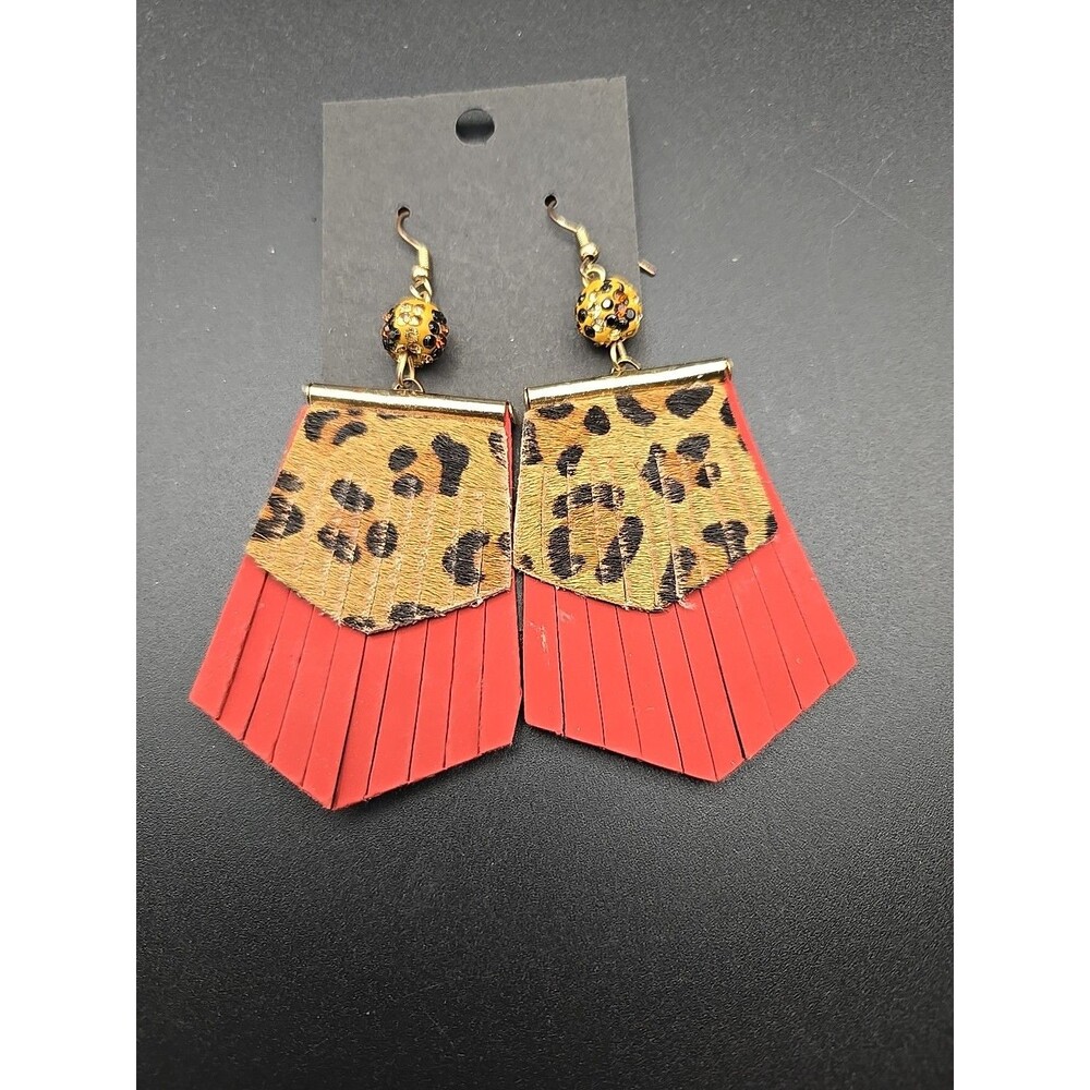 Women's Light Weight Faux Leather Dangle Earrings Red Leopard Print